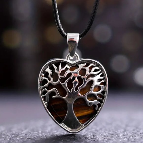 Tiger Eye Natural Gemstone Tree Of Life Heart Pendant Healing Gemstone Necklace - Picture 2 of 2